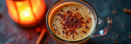 Cozy mug of spiced coffee with cinnamon and warm candlelight ambiance. That the image is generated using AI.の素材