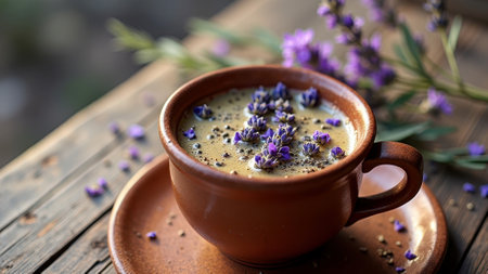 Cozy coffee cup with lavender flowers on rustic wooden table setting. That the image is generated using AI.の素材