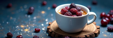 Delicious raspberry dessert in white cup on wooden coaster with berries. That the image is generated using AI.の素材