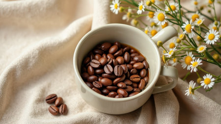 Cup of coffee beans with chamomile flowers on fabric background. That the image is generated using AI.の素材