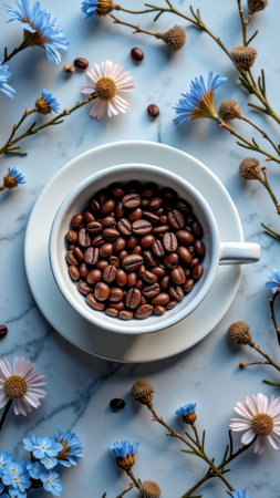 Cup of coffee beans surrounded by blue and pink flowers on marble surface. That the image is generated using AI.の素材