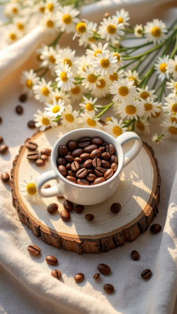 Coffee beans in white cup with chamomile flowers on wooden slice in sunlit setting. That the image is generated using AI.の素材