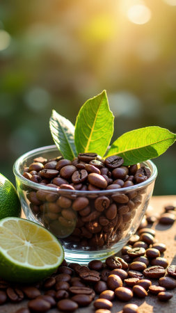 Fresh coffee beans in glass bowl with lime and green leaves in sunlight. That the image is generated using AI.の素材