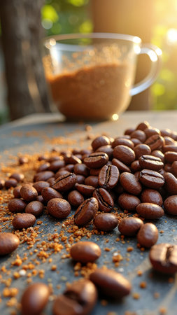 Close-up of coffee beans and ground coffee in morning sunlight outdoors. That the image is generated using AI.の素材