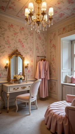 Elegant vintage dressing room with floral wallpaper and chandeliers. That the image is generated using AI.の素材