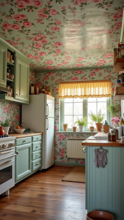 Vintage floral kitchen with green cabinets and hardwood floor in cozy atmosphere. That the image is generated using AI.の素材