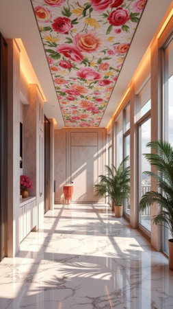 Elegant hallway with floral ceiling, marble floor, and panoramic windows. That the image is generated using AI.の素材