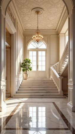 Elegant victorian foyer with marble floor and chandelier lighting. That the image is generated using AI.の素材