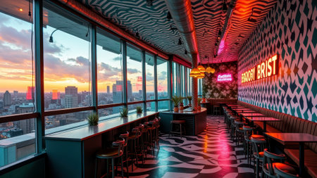 Vibrant city atmosphere in modern rooftop bar overlooking sunset skyline. That the image is generated using AI.の素材