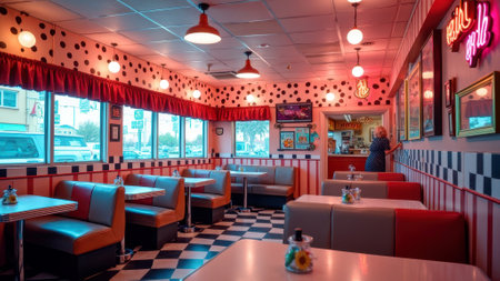 Retro 1950s diner interior with checkerboard floor and colorful booths. That the image is generated using AI.の素材