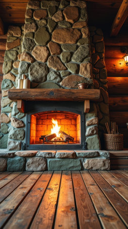 Cozy rustic stone fireplace in wooden cabin interior with warm flames. That the image is generated using AI.の素材