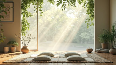 Serene sunlit room with greenery and cushions in a tranquil setting. That the image is generated using AI.の素材