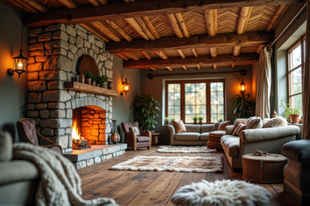 Cozy rustic living room with fireplace and wooden ceiling in natural light. That the image is generated using AI.の素材