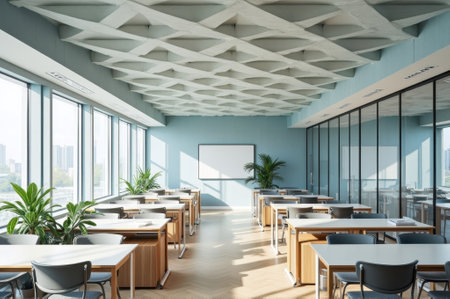 Bright modern classroom with rows of desks and large windows. That the image is generated using AI.の素材