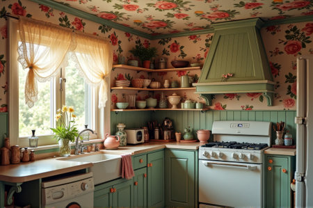 Cozy vintage kitchen with floral wallpaper and green cabinets in sunlit setting. That the image is generated using AI.の素材