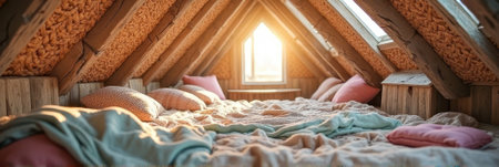 Cozy attic loft with sunlight streaming through windows and soft pillows. That the image is generated using AI.の素材