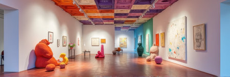 Colorful modern art gallery interior with unique sculptures and paintings. That the image is generated using AI.の素材