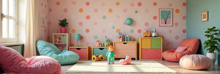 Bright and playful children's playroom with colorful decor and toys. That the image is generated using AI.の素材