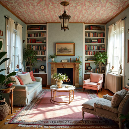 Cozy vintage living room with elegant furniture and pastel decor. That the image is generated using AI.の素材