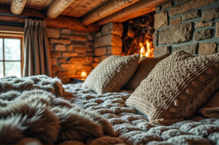 Cozy rustic bedroom with stone fireplace and soft textures for a warm winter retreat. That the image is generated using AI.の素材