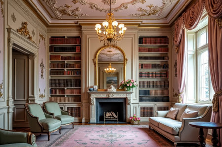 Elegant victorian library with ornate decor and classic furniture. That the image is generated using AI.の素材