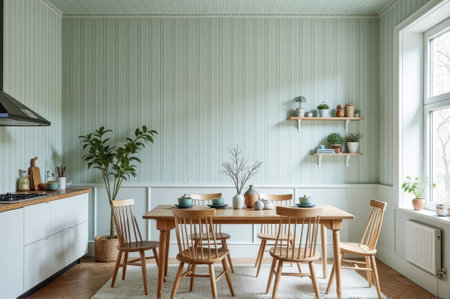 Cozy scandinavian-style dining room with wooden furniture and indoor plants in natural light. That the image is generated using AI.の素材