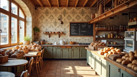 Rustic bakery interior with fresh bread and wooden decor in warm daylight. That the image is generated using AI.の素材