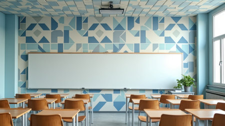 Modern classroom interior with geometric blue wall and wooden chairs. That the image is generated using AI.の素材