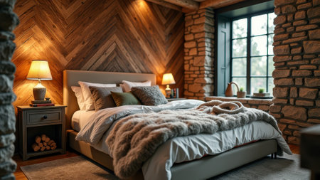 Cozy rustic bedroom with stone walls and wooden accents. That the image is generated using AI.の素材