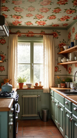 Charming vintage kitchen with floral wallpaper and green cabinets. That the image is generated using AI.の素材