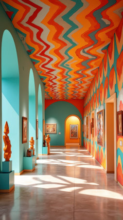 Colorful abstract art museum corridor with vivid patterns and sculptures. That the image is generated using AI.の素材