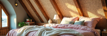 Cozy attic bedroom with natural light and wooden accents. That the image is generated using AI.の素材