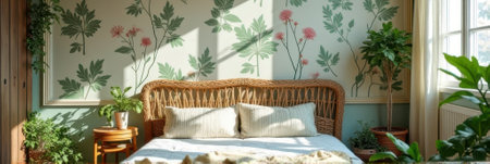 Cozy bedroom with wicker headboard surrounded by lush greenery and floral wallpaper. That the image is generated using AI.の素材