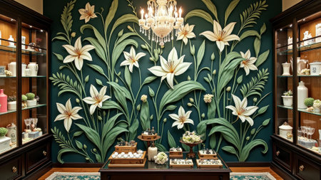 Elegant floral-themed store interior with large white lily wall art and crystal chandelier. That the image is generated using AI.の素材