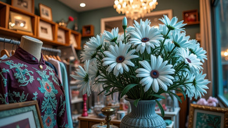 Elegant boutique interior with white daisies and mannequin. That the image is generated using AI.の素材
