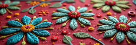Colorful embroidered floral pattern on red fabric. That the image is generated using AI.の素材
