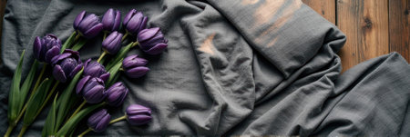 Purple tulips on gray fabric with wooden background. That the image is generated using AI.の素材