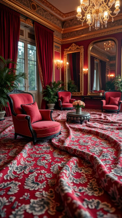 Luxurious red living room with elegant decor and ornate furniture. That the image is generated using AI.の素材