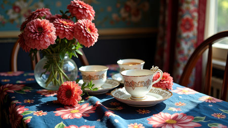 Elegant floral tea setting with dahlia bouquet on sunlit table. That the image is generated using AI.の素材