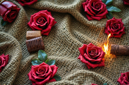Red roses and cinnamon on burlap fabric rustic aromatic decor. That the image is generated using AI.の素材