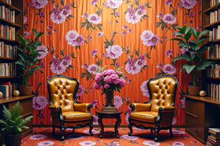 Elegant vintage reading room with floral wallpaper and classic armchairs. That the image is generated using AI.の素材