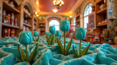 Vibrant blue ceramic tulips in ornate shop interior with shelves and chandelier. That the image is generated using AI.の素材