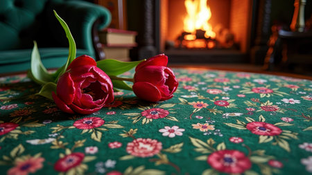 Cozy fireplace setting with red tulips on floral rug. That the image is generated using AI.の素材