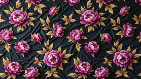 Elegant floral pattern with pink peonies on black fabric background. That the image is generated using AI.の素材