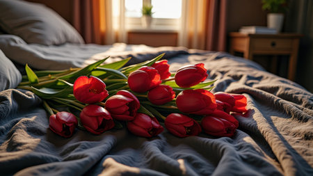 Red tulips on sunlit bed with sunlight streaming through window in cozy bedroom. That the image is generated using AI.の素材