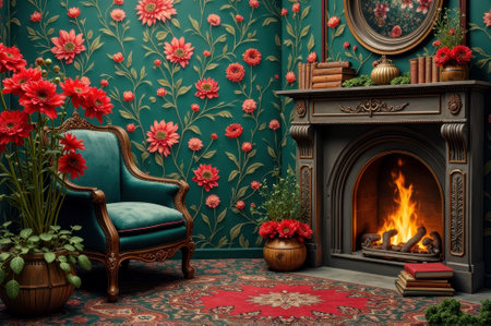 Elegant floral living room with vintage fireplace and armchair in cozy setting. That the image is generated using AI.の素材