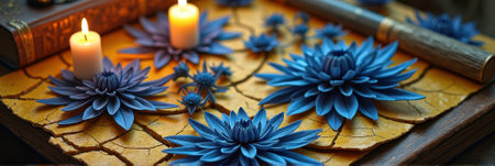 Blue lotus on cracked clay with candles and scroll. That the image is generated using AI.の素材