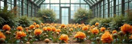 Vibrant orange peonies in a sunlit greenhouse conservatory. That the image is generated using AI.の素材