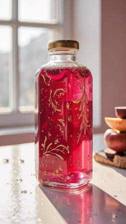 Sparkling red beverage in glass bottle by sunlit window. That the image is generated using AI.の素材
