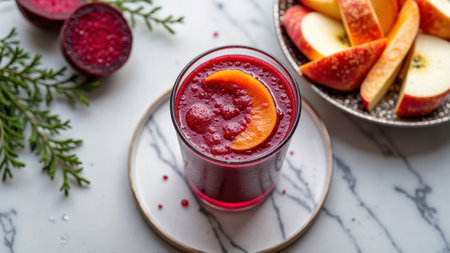 Fresh beetroot and apple smoothie with sliced oranges on marble table. That the image is generated using AI.の素材